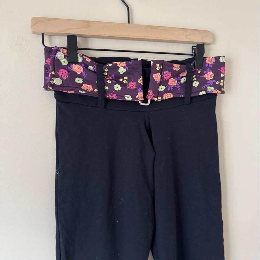 Y2K Brazilian Miami Flare Yoga Legging Low Rise Pant Black Purple XS flower